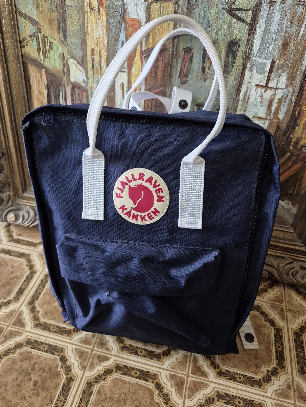 Fjällräven Kånken Navy Backpack / Tote  with White Handles